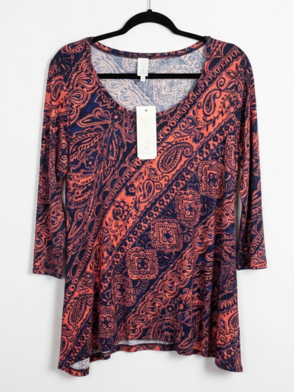 Jones New York New-with-Tags Red/Blue/Black print Tunic Top Kerchief hem Large